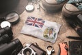 British Antarctic Territory Flag Between Traveler`s Accessories on Old Vintage Map. Tourist Destination Concept