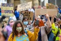 British BLM protesters wear PPE Face Masks and hold homemade signs at a Black Lives Matter protest in Richmond, North Yorkshire