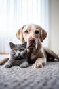 British cat and labrador dog together on the floor indoors Royalty Free Stock Photo