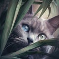 A British cat with multicolored eyes peeks out from behind the leaves of the dracaena, the image is completely generated by Ai