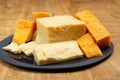 Colorful Double Dutch cheese, hard cheese made from cow milk and goat milk with layer of black mold inside