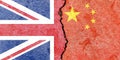 British and Chinese flag on a cracked wall-politics, war, conflict concept