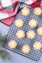 British Christmas mince pies or tarts with fruit filling, on cooling rack, vertical, top view Royalty Free Stock Photo