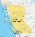 British Columbia, BC, province of Canada, political map Royalty Free Stock Photo