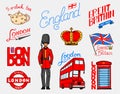 British, Crown and Queen, teapot with tea, bus and royal guard, London and the gentlemen. symbols, badges or stamps Royalty Free Stock Photo