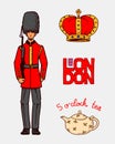 British, Crown and Queen, teapot with tea and royal guard, London and the gentlemen. symbols, badges or stamps, emblems Royalty Free Stock Photo