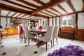 British dining room with exposed beams