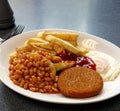 British English Foods Baked Beans Chips Fried Egg Fish Cake