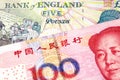 A British five pound note with a red, Chinese yuan