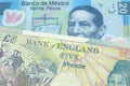 A British five pound note with a twenty Mexican peso note Royalty Free Stock Photo