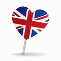 British flag heart-shaped map pointer layout. Vector illustration. Royalty Free Stock Photo