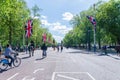 British flags hanging around the street in London United Kingdom UK