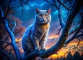 A British Fold Cat a Master of the Night Perched Precariously in a Treetop Canopy Under a Starry Royalty Free Stock Photo