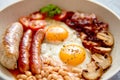 Traditional Full English Breakfast on frying pan. Royalty Free Stock Photo