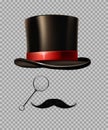 British gentleman vintage head elements set. Black tophat, glasses, moustache on transparent background. Realistic retro Royalty Free Stock Photo