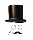 British gentleman vintage head elements set. Black tophat, glasses, moustache on white background. Realistic retro male Royalty Free Stock Photo