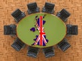 British goverment meeting. Map of the Great Britain on the round table, 3D rendering