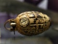 British hand grenade on display having been dug up. Royalty Free Stock Photo