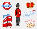 British Logo, Crown and Queen, teapot with tea, bus and royal guard, London and the gentlemen. symbols, badges or stamps Royalty Free Stock Photo