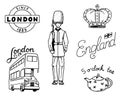 British Logo, Crown and Queen, teapot with tea, bus and royal guard, London and the gentlemen. symbols, badges or stamps Royalty Free Stock Photo