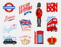 British Logo, Crown and Queen, teapot with tea, bus and royal guard, London and the gentlemen. symbols, badges or stamps Royalty Free Stock Photo