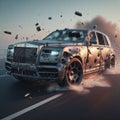 British luxury SUV targeted attacked with big caliber bullet amidst a chaotic scene of fly debris Royalty Free Stock Photo