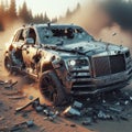 British luxury SUV targeted attacked with big caliber bullet amidst a chaotic scene of fly debris Royalty Free Stock Photo