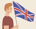 British man with flag isolated as uk independence day concept, patriotic flat vector stock illustration with citizen