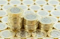 British money, new pound coins in three stacks. Royalty Free Stock Photo