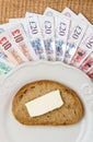 British money, piece of bread on plate. Food budget. Royalty Free Stock Photo