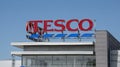 Tesco supermarket sign. Brand logo. Tesco banner at a building exterior. Royalty Free Stock Photo