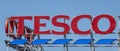 Tesco supermarket sign. Brand logo. Tesco banner at a building exterior. Royalty Free Stock Photo