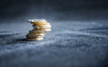 British one pound sterling coins stack isolated on dark background - money concept, economy, financial crisis, debit card, credit Royalty Free Stock Photo