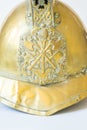 British Other Ranks Merryweather Brass Fire Helmet, close up of