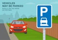 British outdoor parking rules. Close-up view of a `Vehicles may be parked wholly on the verge or footway` sign. Royalty Free Stock Photo