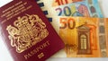 British Passport and Euro Banknotes Royalty Free Stock Photo