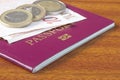 British passport with Euro coins and notes Royalty Free Stock Photo