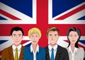 British people, ahead of the flag. Portrait of teamwork in flat design. Vector cartoon