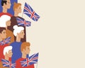 British people with Great Britain flag as copy space template, flat vector stock illustration with young, old men, women, place