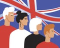 British people with great britain flag as patriotism concept, flat vector stock illustration with young, old men, women patriots