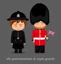 British people. Police woman and royal guard with a flag.