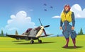 British pilot and Spitfire fighter plane on field World War II Royalty Free Stock Photo