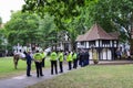 28 7 2022: British policeman on horseback patrolling at Soho Square, London, preparing a major event, guarding the city