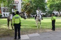 28 7 2022: British policeman on horseback patrolling at Soho Square, London, preparing a major event, guarding the city