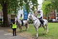 28 7 2022: British policeman on horseback patrolling at Soho Square, London, preparing a major event, guarding the city