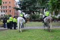 28 7 2022: British policeman on horseback patrolling at Soho Square, London, preparing a major event, guarding the city