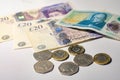 British pound coin on British pound banknotes Royalty Free Stock Photo