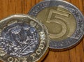 British Pound Coin on top of 5 Polish Zloty D