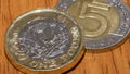 British Pound Coin on top of 5 Polish Zloty F