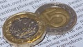 British Pound Coin on top of 5 Polish Zloty R